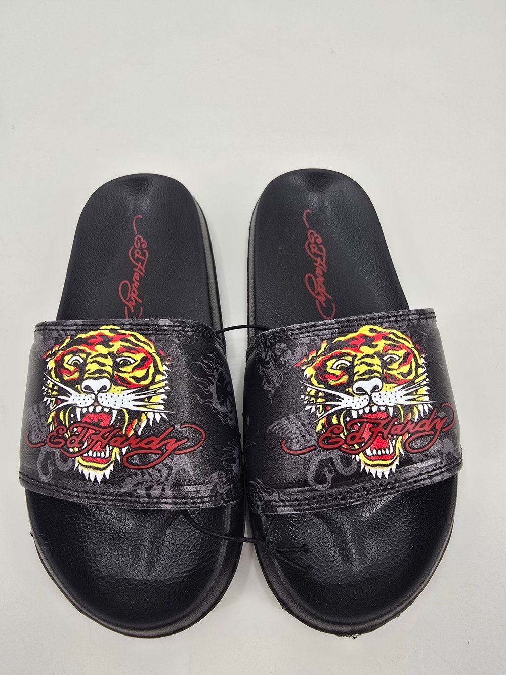 Ed Hardy Kids Black Slides with Yellow & Red Tiger Graphic Size 11 NWT